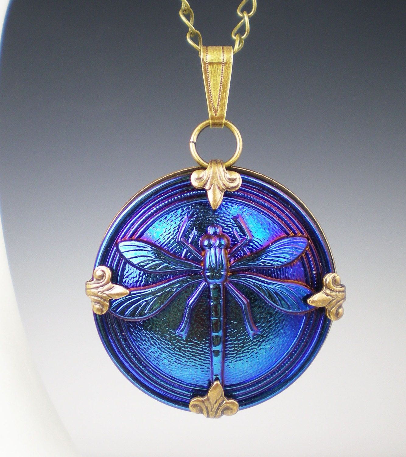 Dragonfly Necklace Violet Teal Czech Glass Button Oxidzed 2338