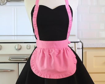 Apron French Maid Solid Black with Hot Pink Double Circle Skirt Retro Full Apron
