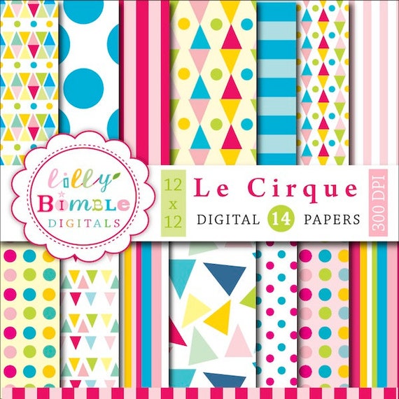 Circus digital papers with geometric, polka dots, bright colors Le Cirque paper kids Il_570xn