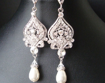 Vintage Bridal Earrings, Chandelier Wedding Earrings, Art Deco Bridal Jewelry, Pearl Wedding Jewelry, JACQUELINE