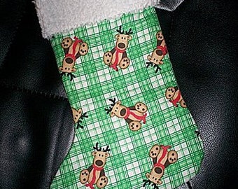 Sweet Reindeer on Green Plaid and Chenille Christmas Stocking with FREE US SHIPPING
