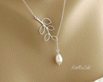 Simple Wedding Jewelry Necklace, Dainty Teardrop White Pearl on Branch Leaf Necklace, STERLING Silver, Bridesmaids gifts, Mothers