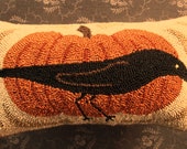 Primitive Needle Punch Pillow Fall Crow And Pumpkin