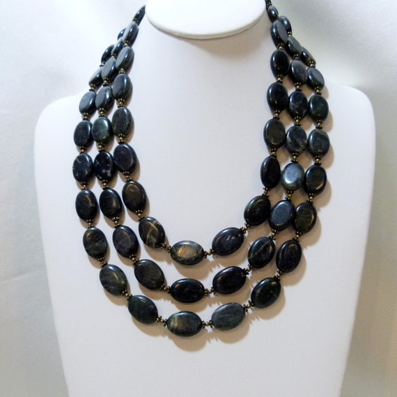 Black Serpentine Stone Triple Strand Necklace