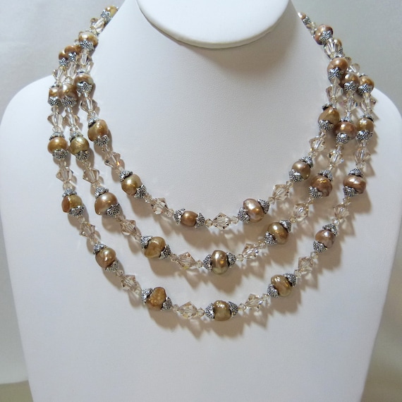 Taupe Freshwater Pearl Triple Strand Renaissance Necklace