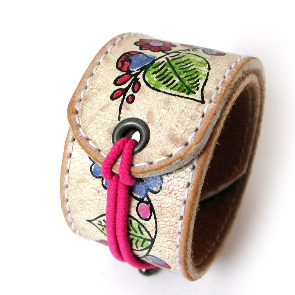 Sweet Flower Leather Cuff Bracelet with Elastic Closure