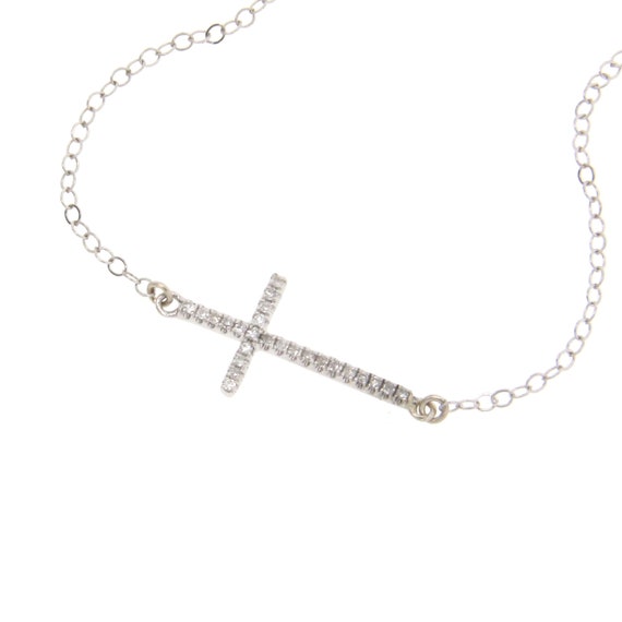 Diamond Sideways Cross Necklace, Solid 14K White Gold Diamond Jewelry