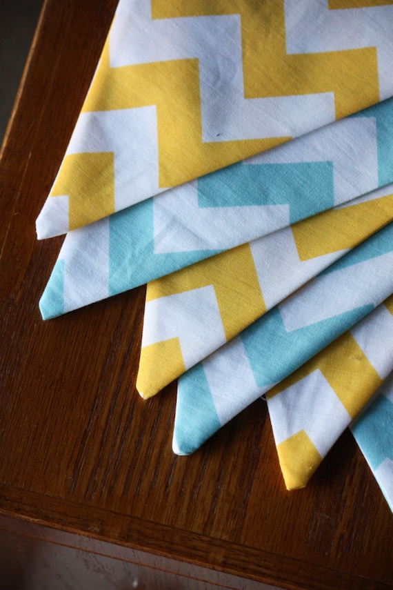 Items similar to Blue and Yellow Chevron Fabric Bunting, Prop ...