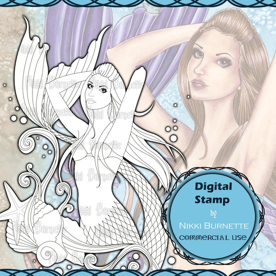 Digital Stamp - Printable Coloring Page - Fantasy Art - Ocean Beach Mermaid - Symphoni - by Nikki Burnette - COMMERCIAL USE