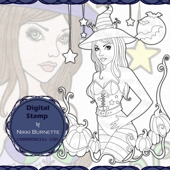 Digital Stamp - Printable Coloring Page - Fantasy Art - Halloween Witch Stamp - Rylan - by Nikki Burnette - COMMERCIAL USE