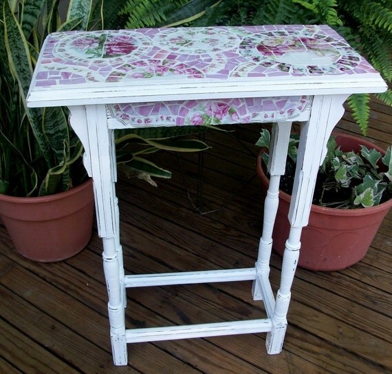 Adorable Cottage White Mosaic Table with Pink Rose China