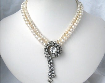 Rhinestone Pendant Pearl Necklace, 2 Strand Wedding Necklace, Clear Rhinestone Vintage Pendant White Pearl Short Necklace, Vintage Bride