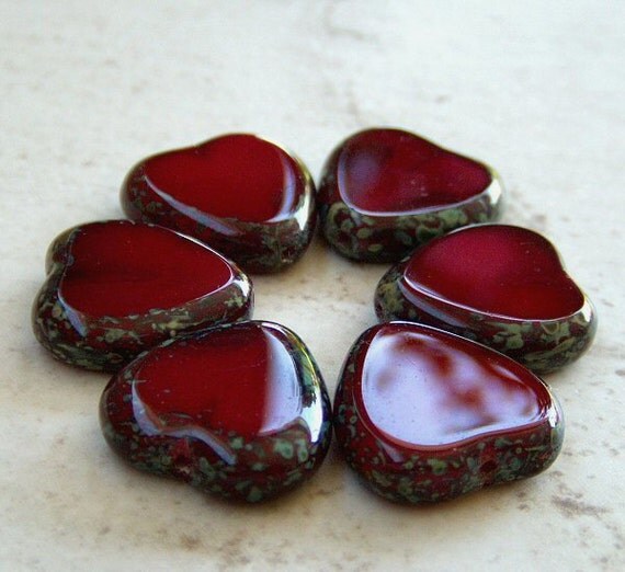 Czech Glass Heart Bead Oxblood Red Picasso 15mm by BobbiThisnThat