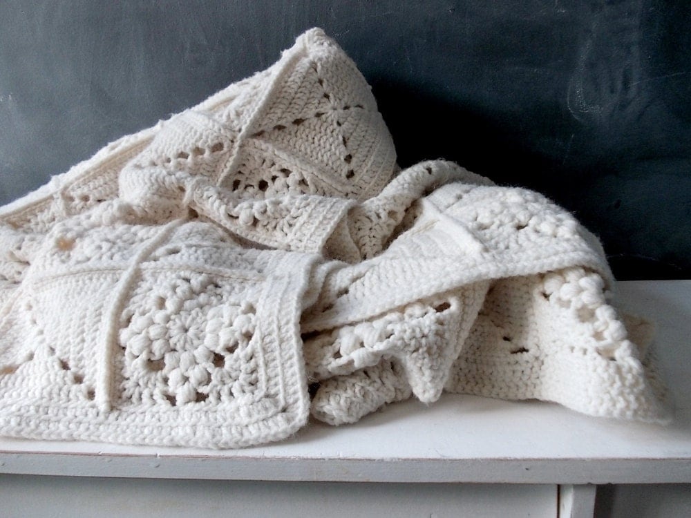 Cream White Granny Square Blanket Vintage Afghan Crochet