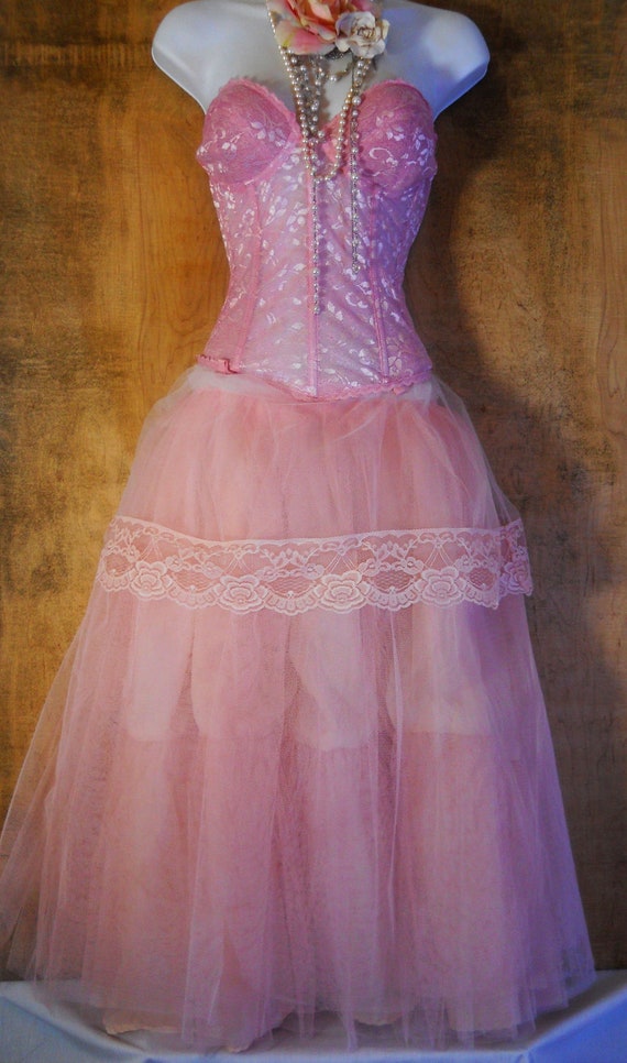 Pink prom skirt tulle lace fairytale bohemian by vintageopulence