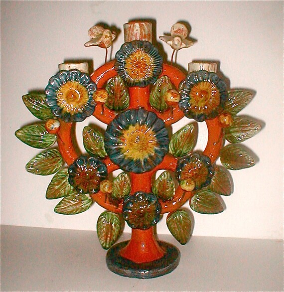 Tree of Life Terra Cotta Pottery Candle Holder Mexico Made
