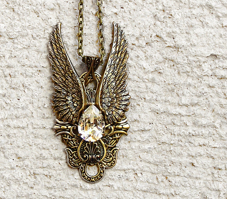Brass Wings Pendant with Clear Swarovski Crystal Antique Brass Necklace Large Brass Pendant Gothic Steampunk Jewellery