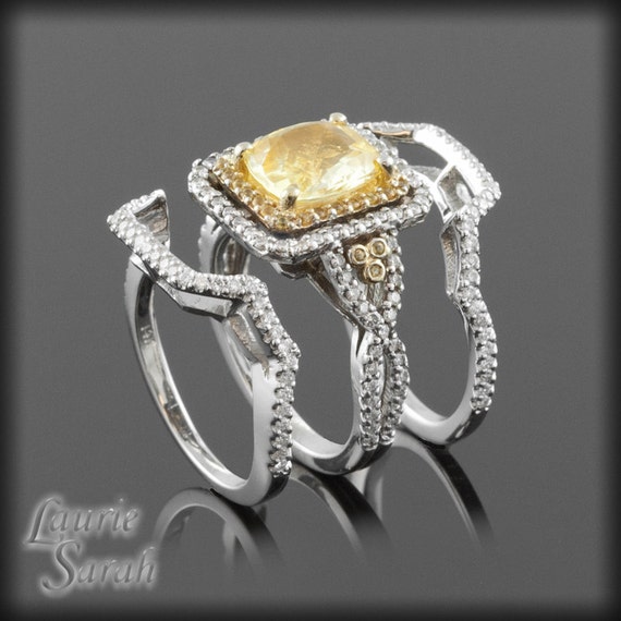 Cushion Cut Yellow Sapphire Wedding Ring Set with Two Contoured Diamond