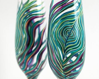 Peacock Feather Wedding Flutes -- Set of 2 Personalized Hand Painted Champagne Flutes