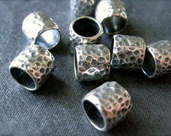 3 Solid Sterling Silver hammered Slider Tube Beads - oxidized and polished - 6mm X 7mm - large holed - 5mm hole