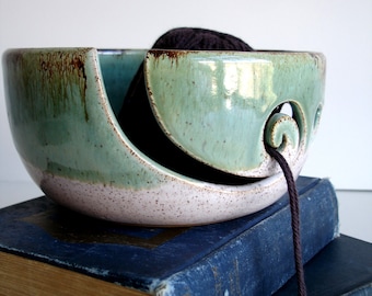 White Green Wheel Thrown Yarn Bowl - Made To Order