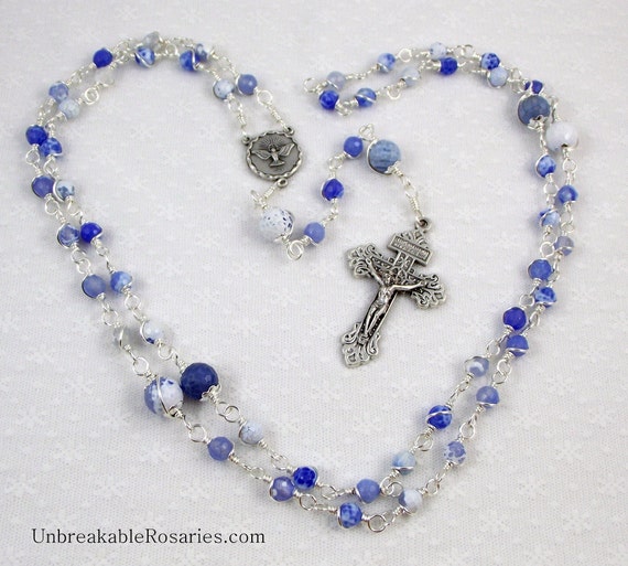 Holy Spirit Rosary Beads in Faceted Blue Fire Agate