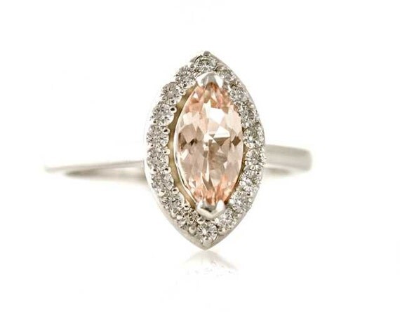 14K Marquise Morganite Engagement Ring Diamond Halo by RareEarth