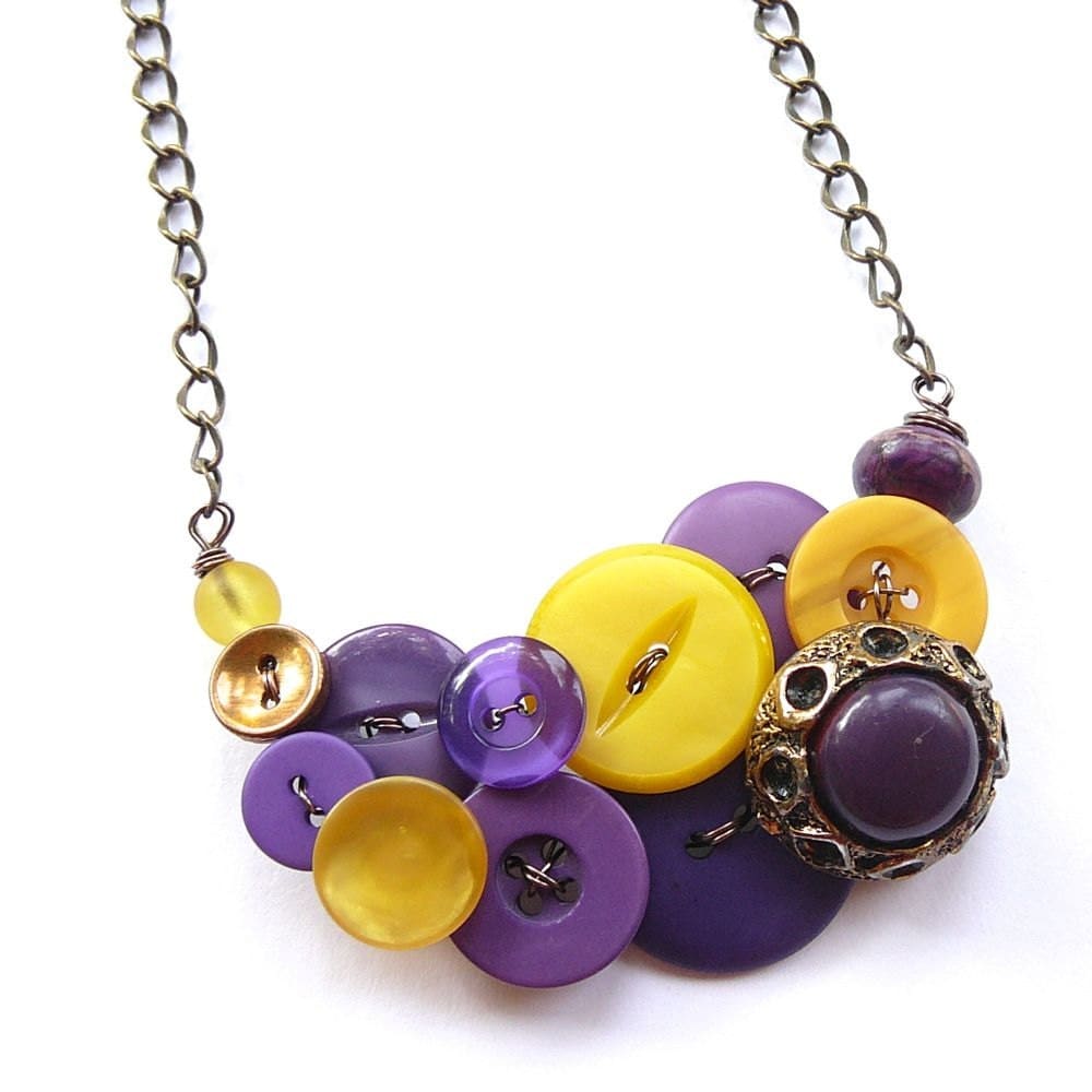 Button Necklace in Mustard Yellow and Violet by buttonsoupjewelry