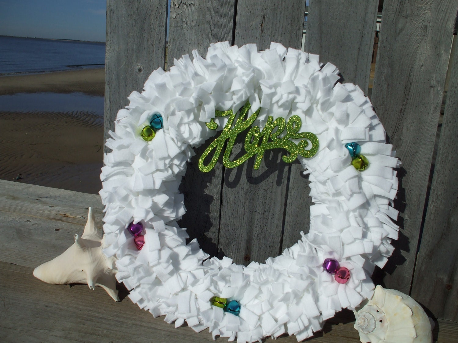 Hope for the Holidays Rag Wreath White Fleece Bright Jingle bells Hope sign Holiday Wreath