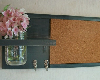 Wood Wall Shelf Cork Bulletin Board Message Center Hooks Gunmetal Dark Gray Color