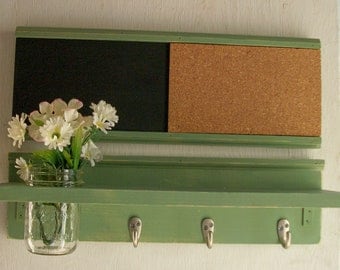 Wood Wall Shelf Cork & Blackboard Bulletin Board Message Center Hooks Worn Sage Green Color
