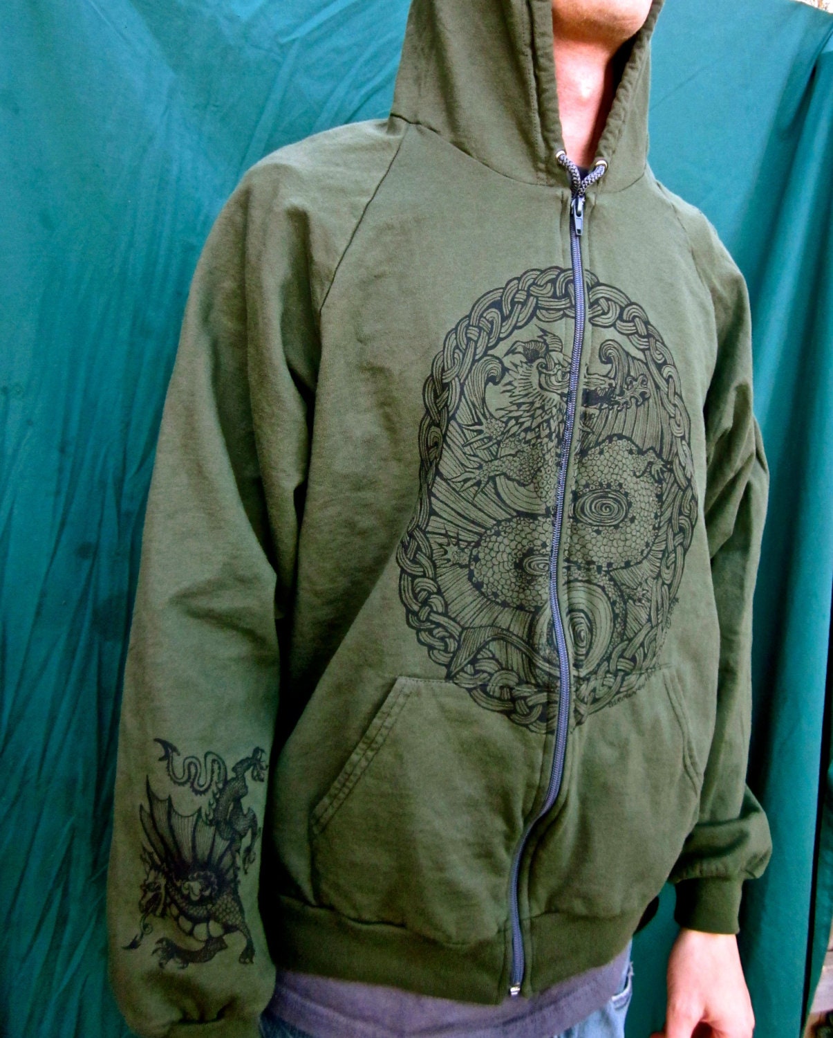 Zip Up Dragon Hoodie Dark Green Unisex Medium Only
