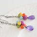 Long Whimsical Amethyst and Multi Stone Cluster Oxidized Sterling Silver Earrings