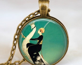 Art deco jewelry ,Art deco necklace Vogue of Woman and White Peacock ,Glass dome art pendant necklace with gift bag