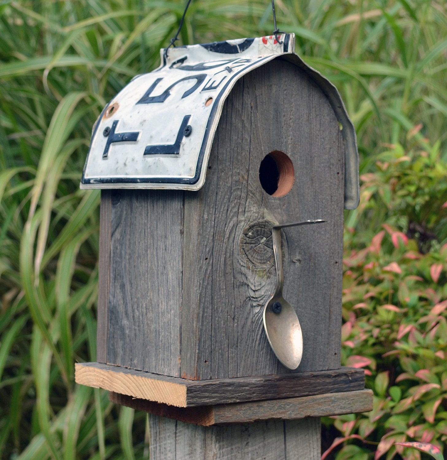 Rustic birdhouse round roof recycled license by ruraloriginals