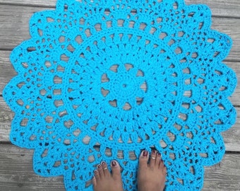 Turquoise Blue Cotton Crochet Doily Rug in 30" Circle Lacy Pattern Non Skid