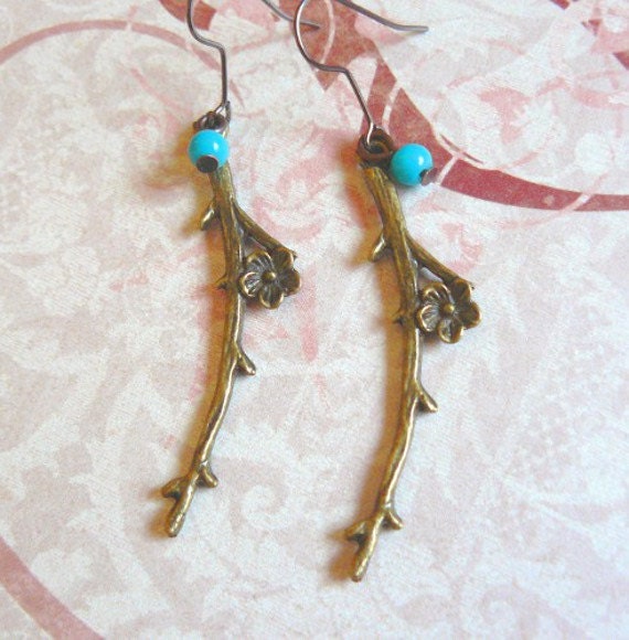 Items similar to Cherry Blossom Branch Earrings blue on Etsy