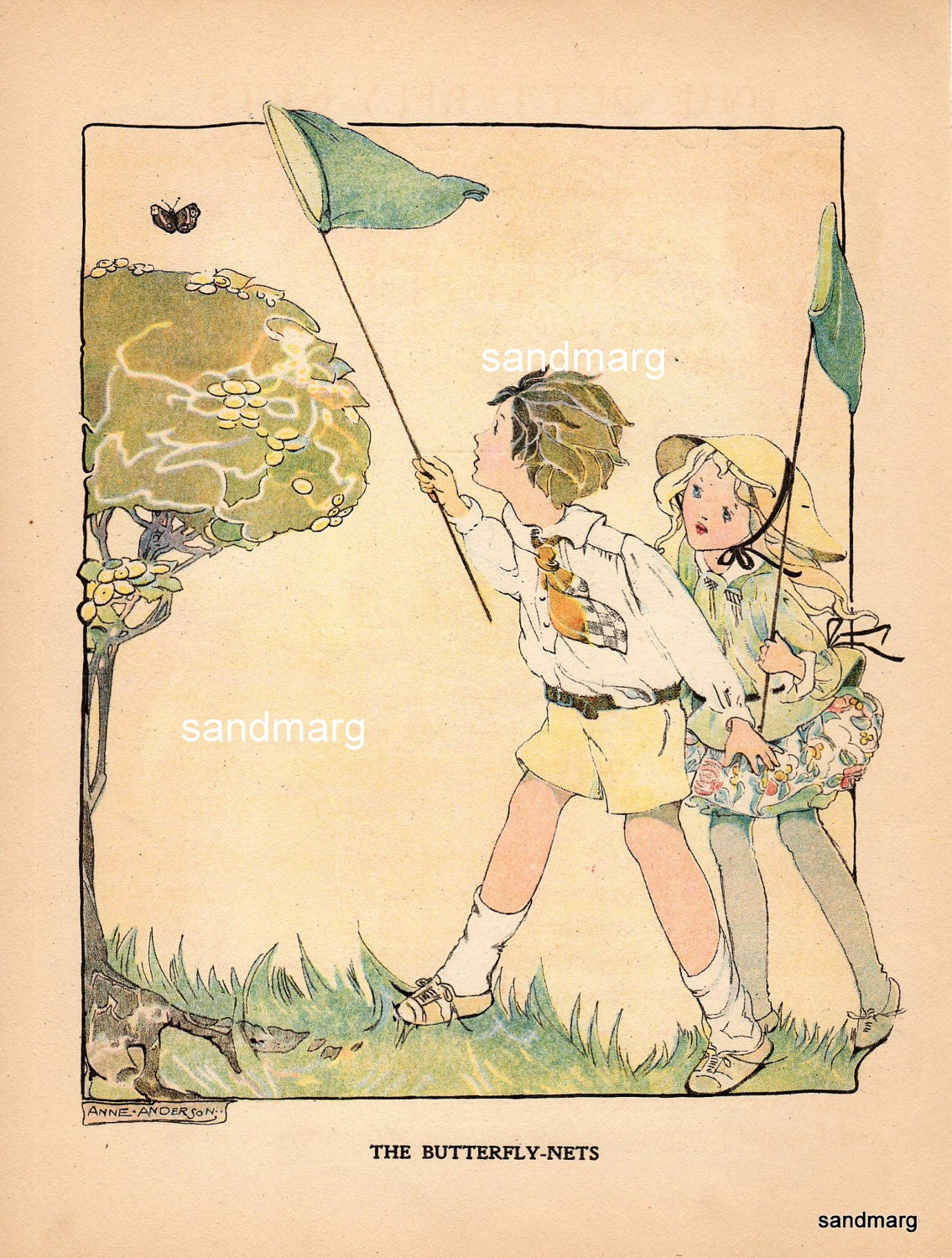 Vintage Storybook Illustration 1921 The Butterfly Nets Anne