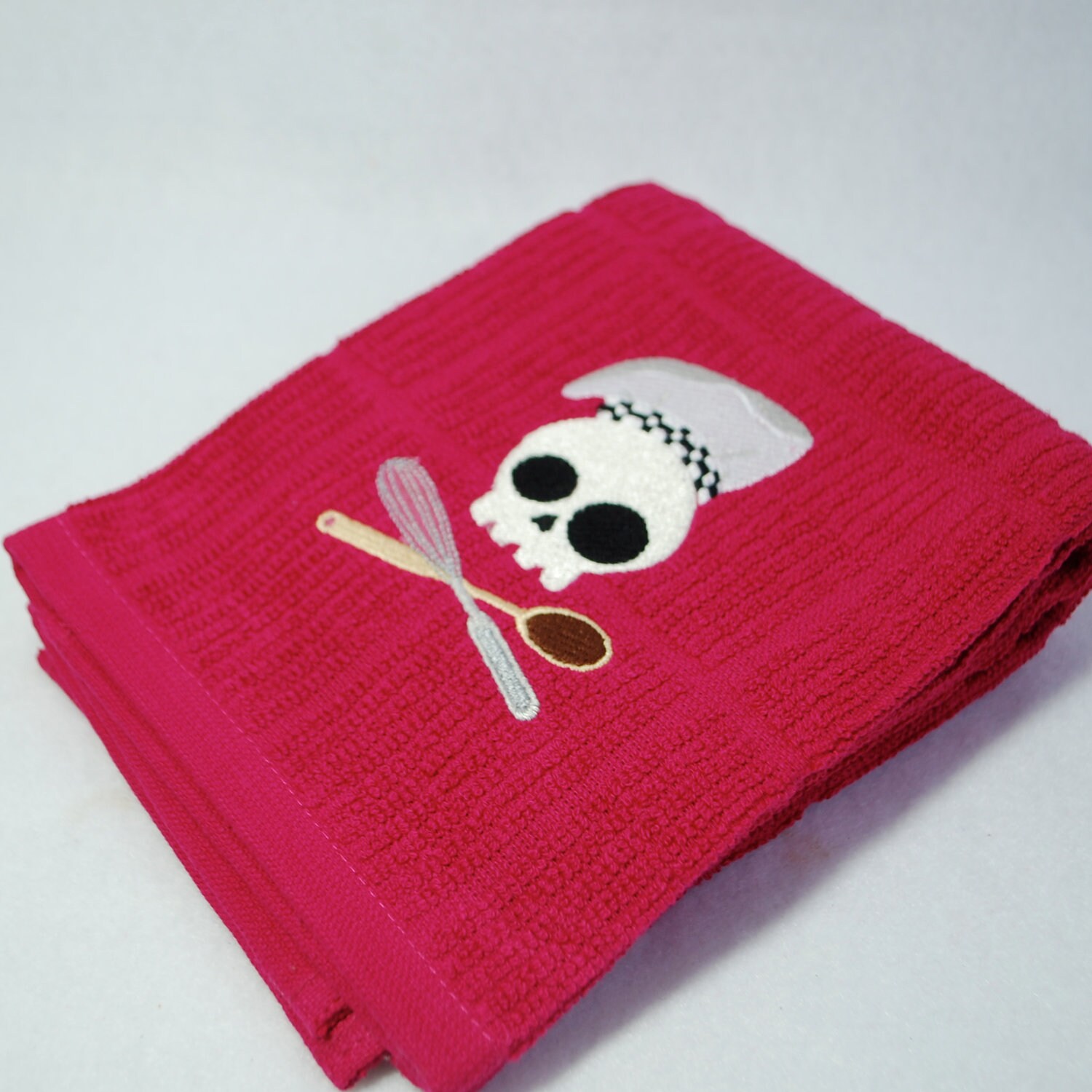 Embroidered Dark Pink Kitchen Towel Skull by FabulouslyFierce