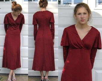 70s Dress . Garnet Red Dress . red maxi dress . red jersey dress . empire waist dress . merlot dress SALE