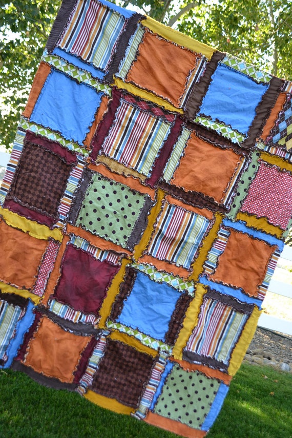 Items similar to RAG QUILT, Toddler Bed Size Quilt, Orange, Blue, Green