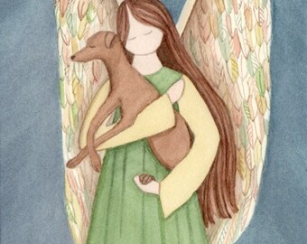 Whippet held by angel / Lynch signed folk art print