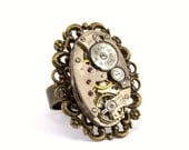 Dystopian Steampunk Watch Movement Ring with a Gorgeous Antiqued Brass Filigree