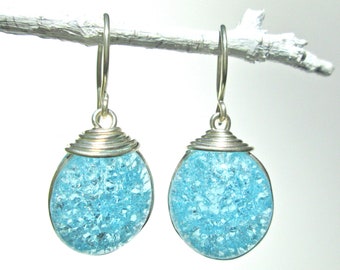 Sky Blue Fried Glass Earrings with Silver