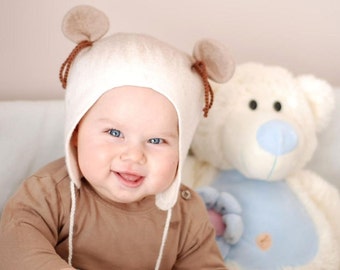 Felted wool hat MOUSE in white&cream Custom made