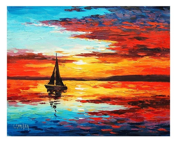 SUNSET OIL PAINTING Sailing Boat Decor By Graham Gercken