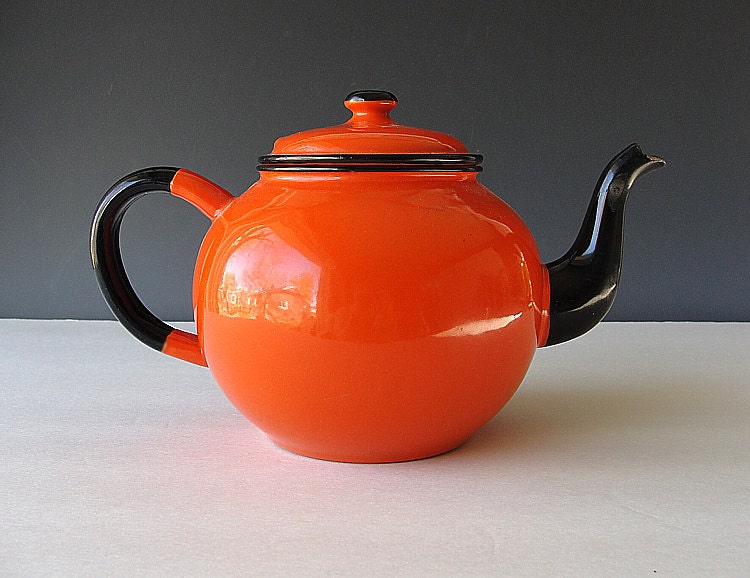 Holiday Sale . French Enamelware Teapot Vintage Orange Black