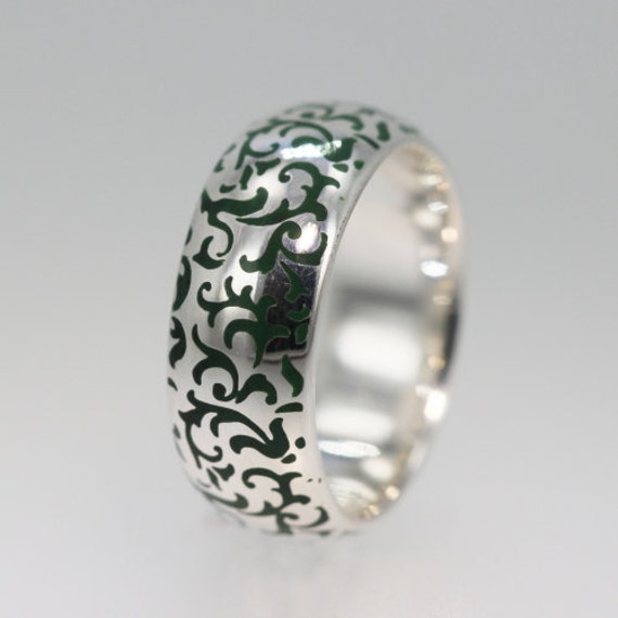 White Gold Wedding Band Carved Curly Pattern Green Colored Enamel   Il 570xN.377554287 Q5az 