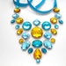 Gleaming Sunshine Golden Yellow Orange and Blue Floating Rhinestone Statement Necklace, Illusion Jewelry for Formal Events and Casual Wear