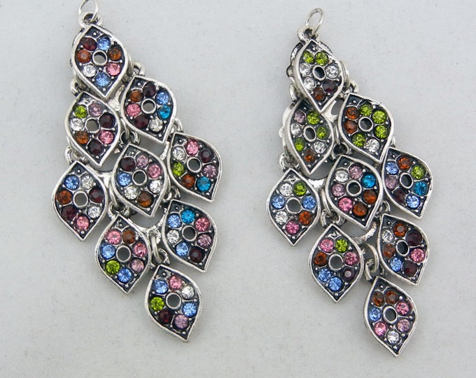 Pair of Antique Silver-tone Chandelier Drop Charms Multi-colored Rhinestones